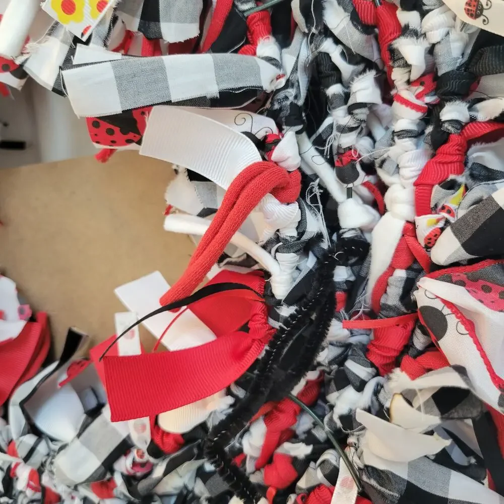Cute as a Bug Handcrafted Rag Wreath Black White Red Ladybugs, 16